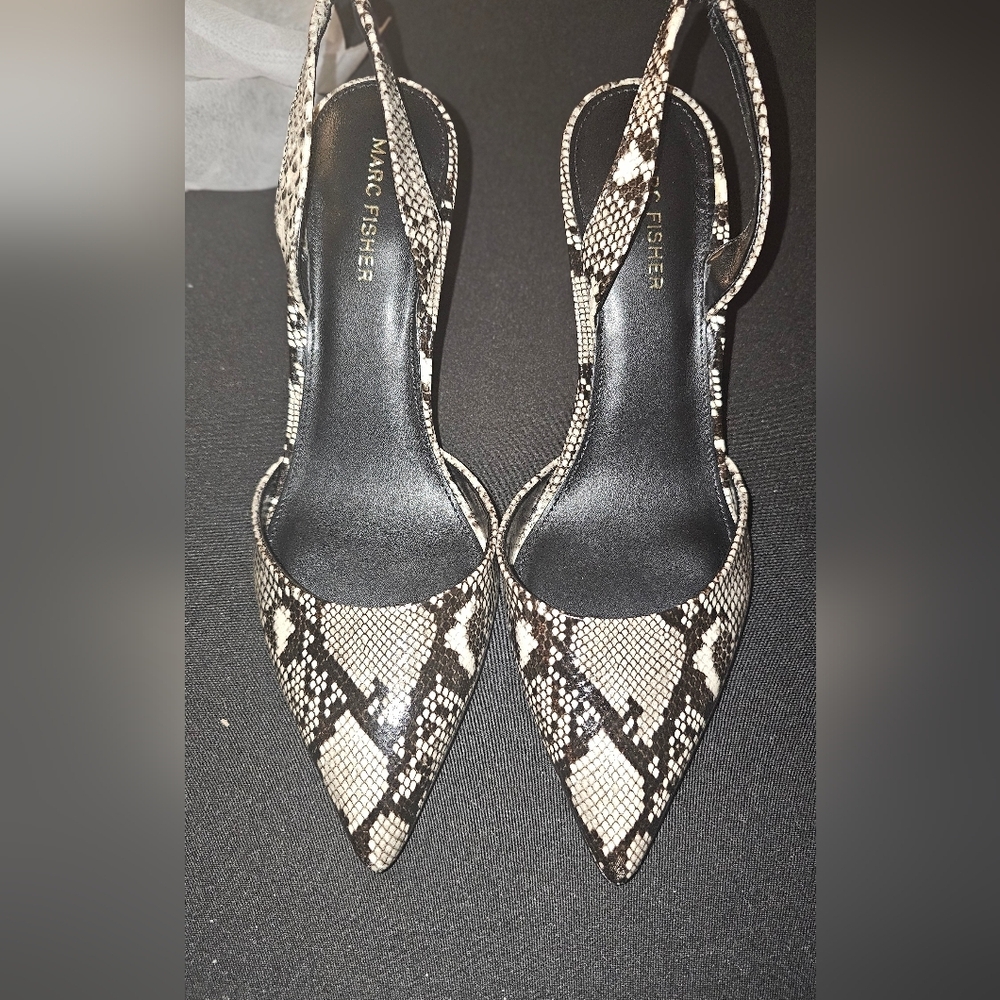 Marc Fisher Black and Cream Snake Print Slingback Heels